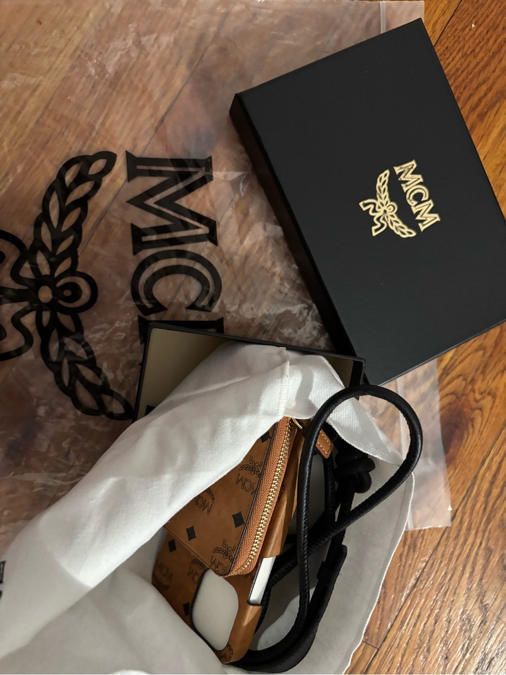 MCM Cognac Visetos Crossbody Bag with Black Strap (New)
